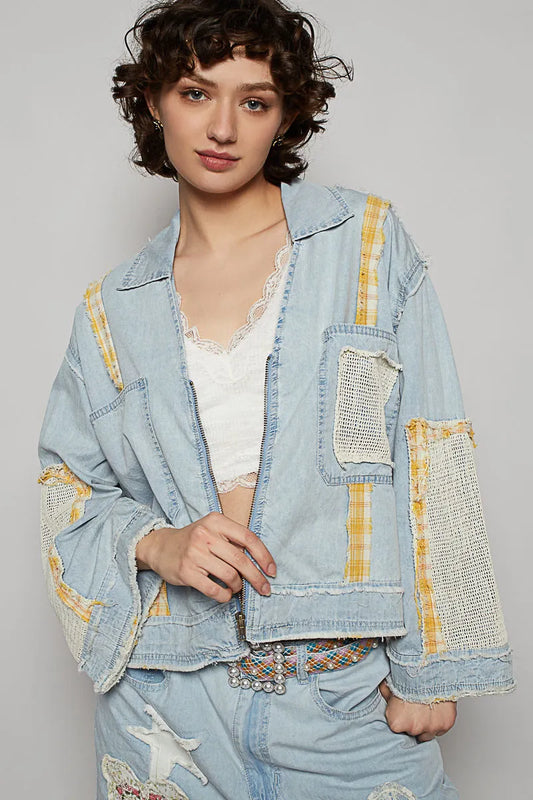 Plaid & Crochet Patched Zip-Up Denim Jacket with Raw Hem