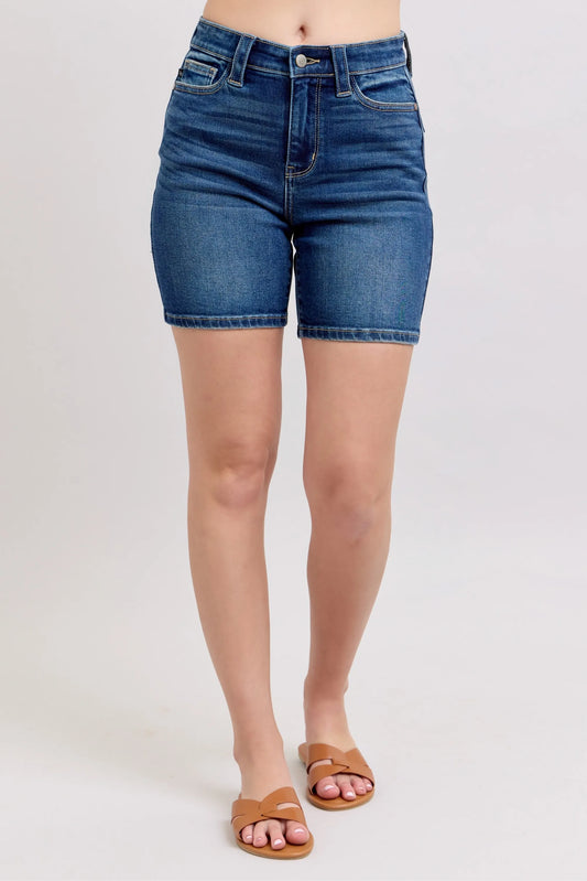 High-Rise Stretch Denim Bermudas w/ Flap Pockets