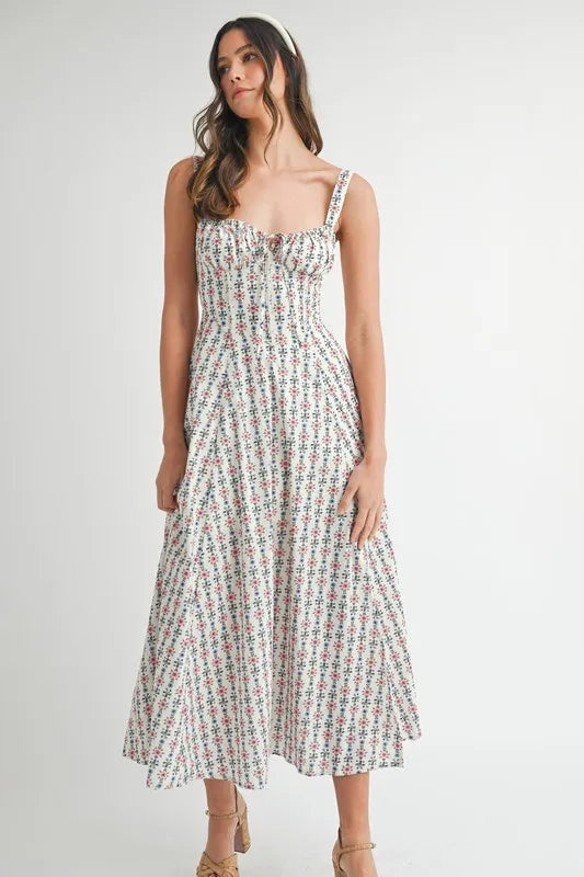 Floral Print Bustier Back Lace Up Midi Dress