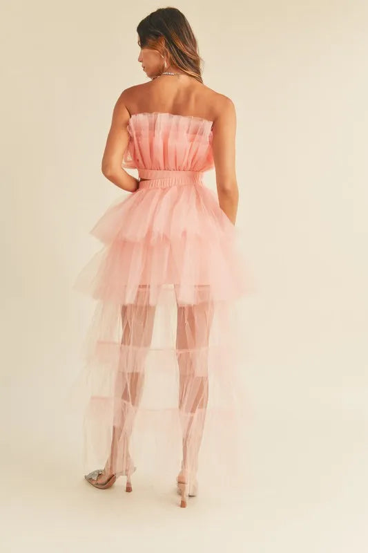 Tulle Tube Ruffle Crop Top and High Low Maxi Skirt Set