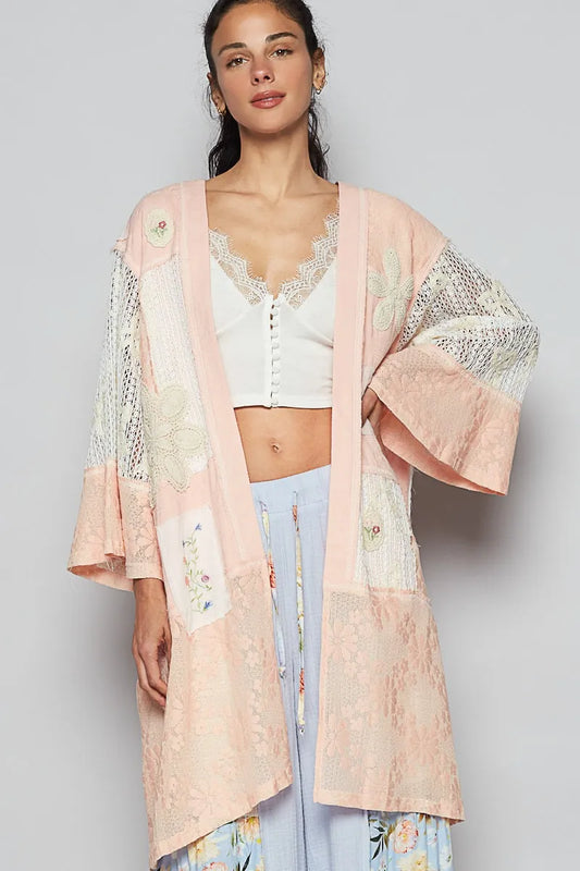Gauze-Lace Blend Cardigan with Intricate Embroidery
