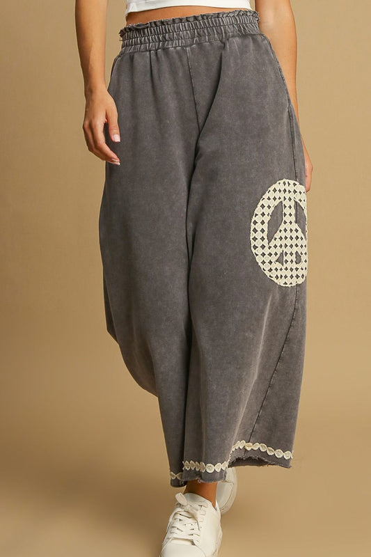 Full Size Peace Lace Applique Mineral Wash Wide Leg Pants Plus Size