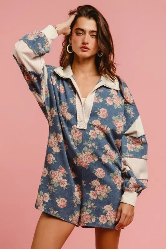 Washed Floral Denim Romper With Contrast Collar
