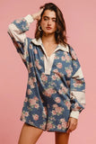 Washed Floral Denim Romper With Contrast Collar