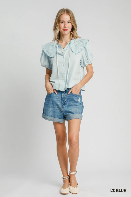 Chic Tied Collar Short Sleeve Button-Up Shirt
