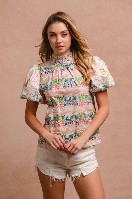 Ruffle Neckline Blouse With Embroidery Bubble Sleeve