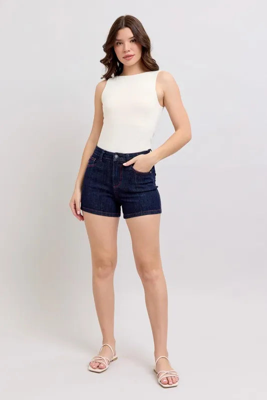 High Waist Heart Shaped Pkts & Red Contrast Thread Denim Shorts