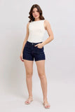 High Waist Heart Shaped Pkts & Red Contrast Thread Denim Shorts