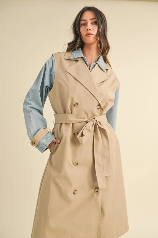 Layered Look Trench Coat With Denim Jacket