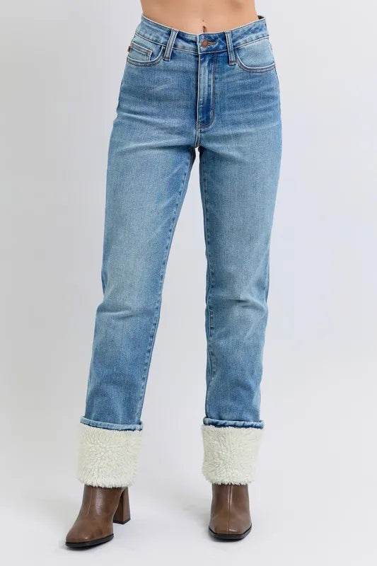 Full Size High Waist Shearling Cuff Straight Plus Size