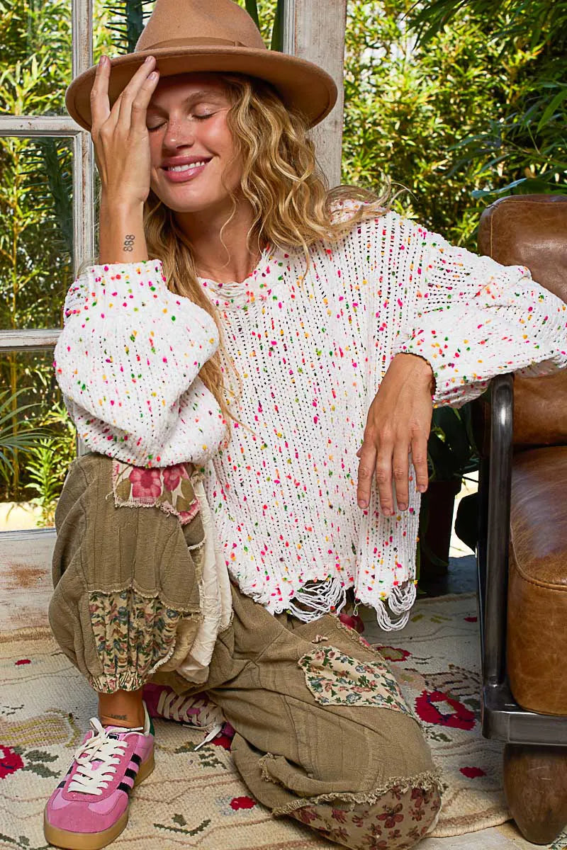 Popcorn Texture Fringed Hem Sweater
