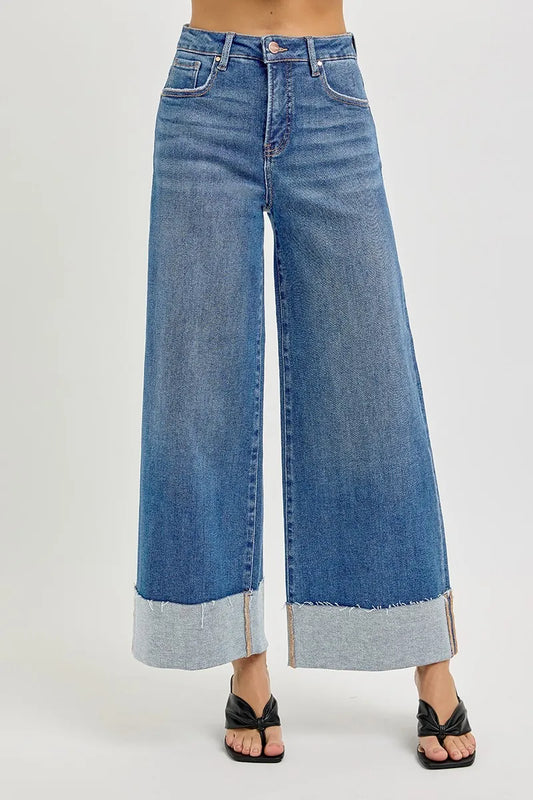 Full Size High Waist Crop Wide Cuffed Control Jeans