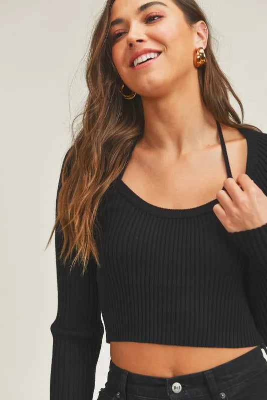 Long Sleeve Crop Sweater Top and Inner Bra Set
