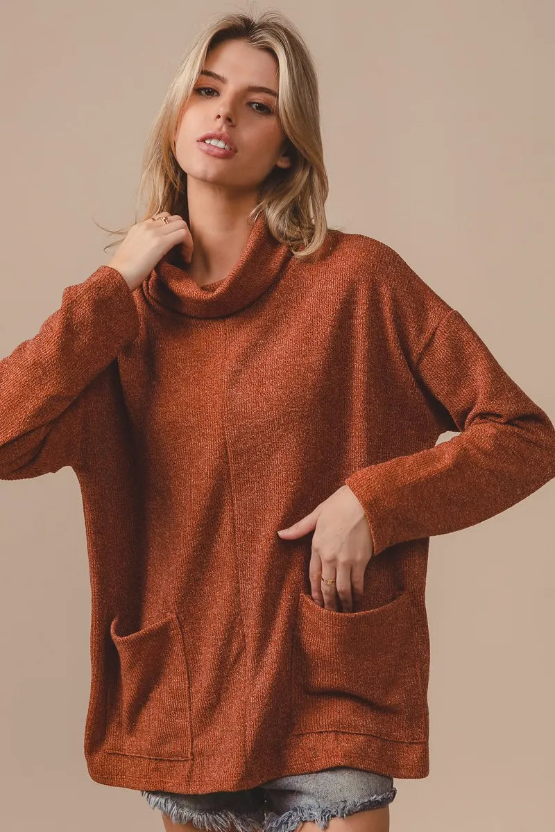 Piper Ribbed Double Pocket Turtle Neck Pullover