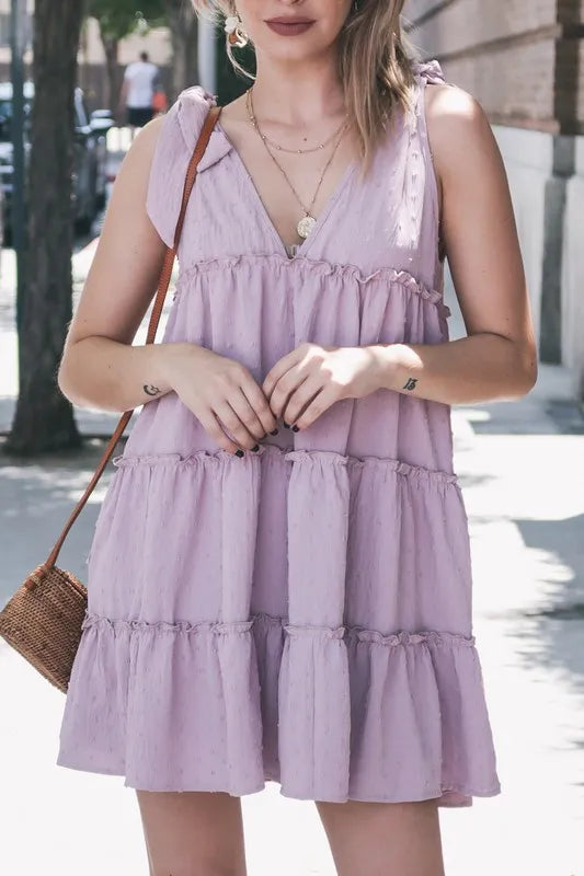 Polka Dot Textured Layered Flounce Ruffle Dress