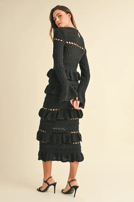Long Sleeve Tiered Ruffle Knit Midi Dress