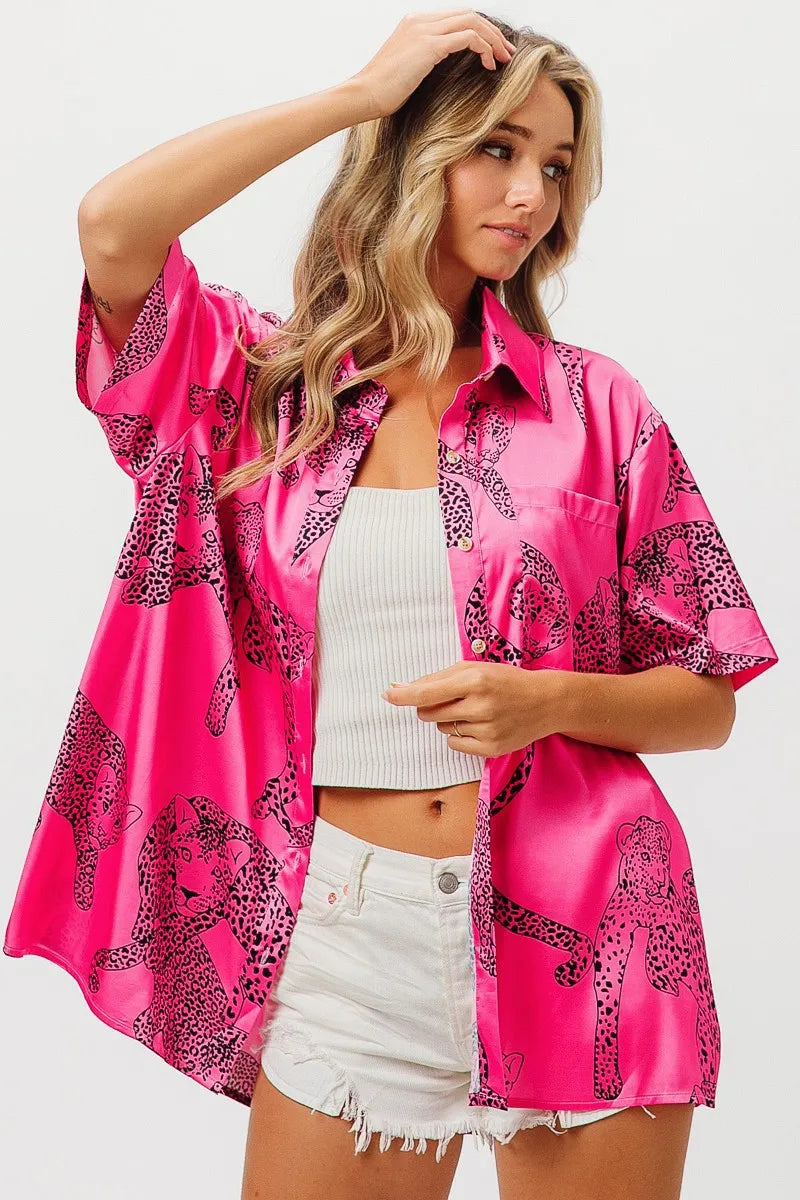 Leopard Print Short Sleeve Silky Satin Shirt Top
