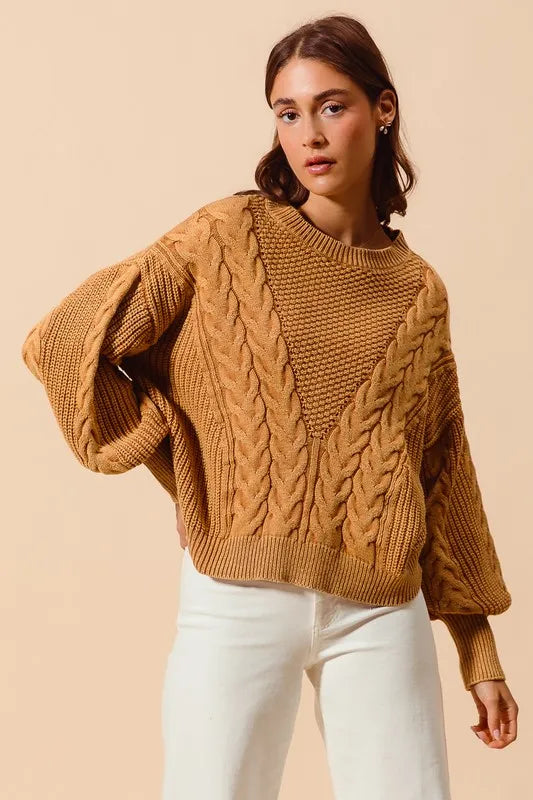 Mineral Washed Loose Fit Textured Cable Sweater