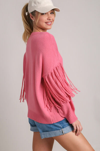 Full Size Fringe Round Neck Long Sleeve Sweater Plus Size