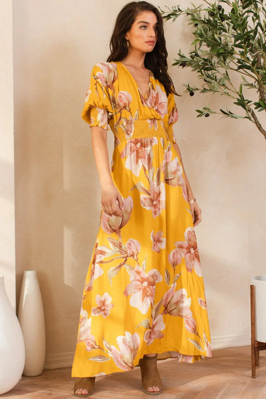 Floral Print Open Tie Back Maxi Dress