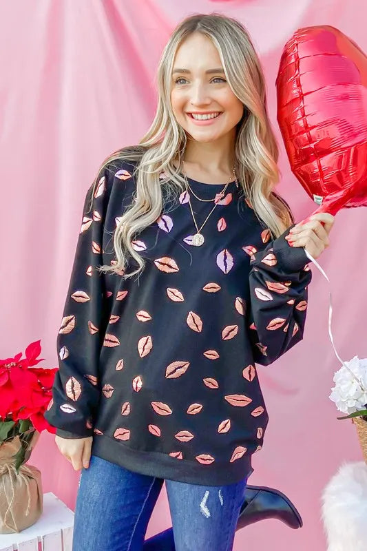 Kiss Pink Foil Allover Print Pullover Sweatshirts