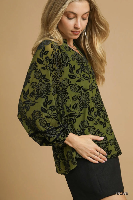 Floral Velvet Blouse with Balloon Sleeves