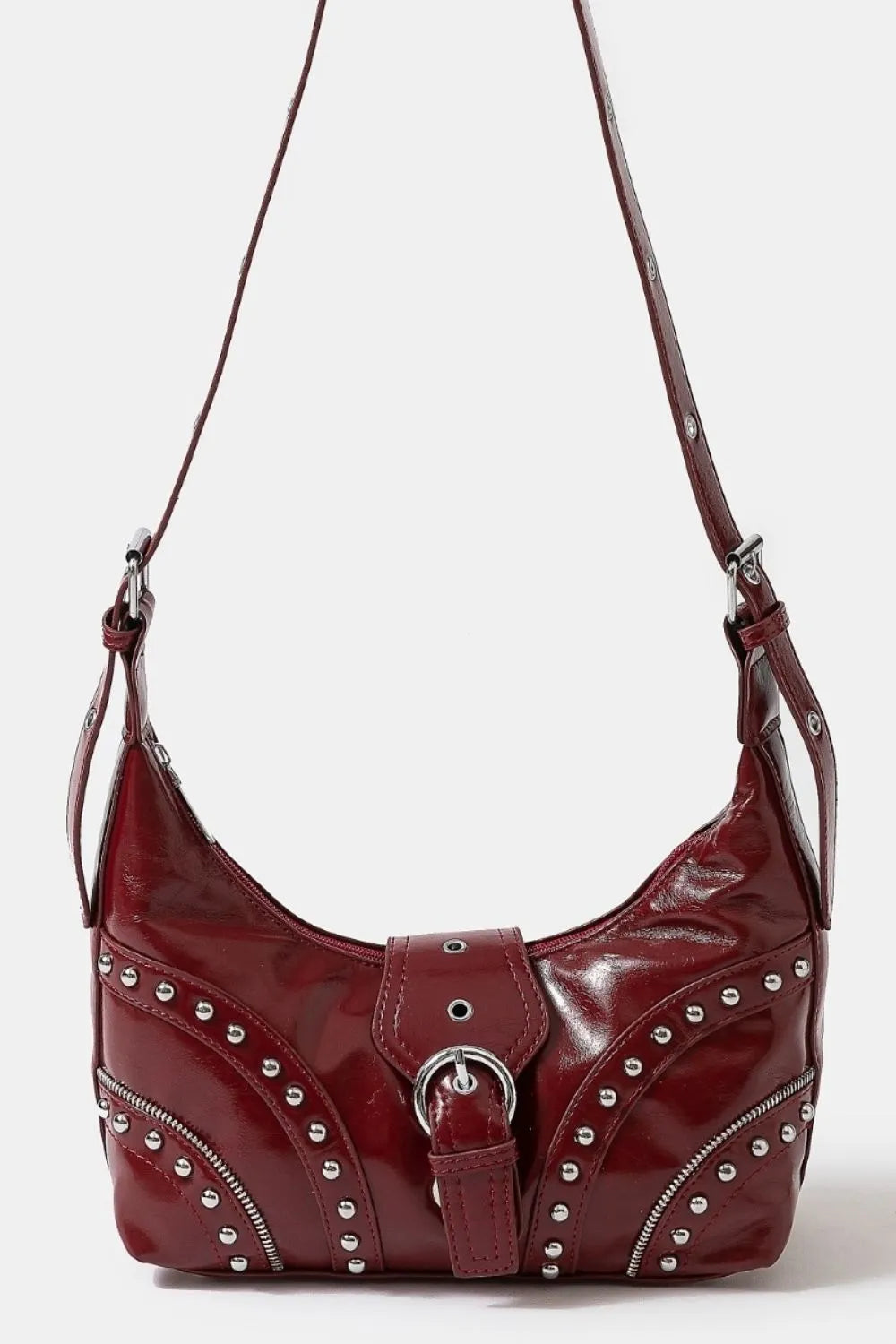 Rich Burgundy Curved Stud Hobo Bag