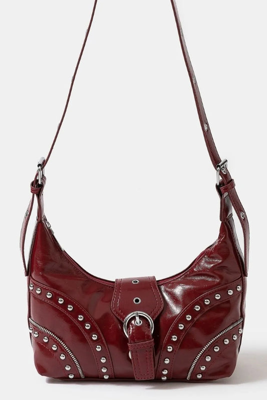 Rich Burgundy Curved Stud Hobo Bag