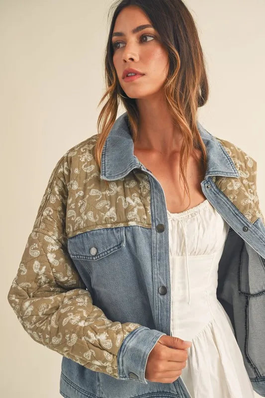 Quilted Paisley Print Contrast Denim Jacket