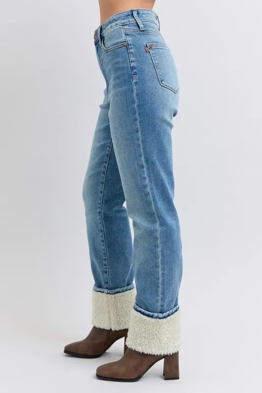Full Size High Waist Shearling Cuff Straight Plus Size