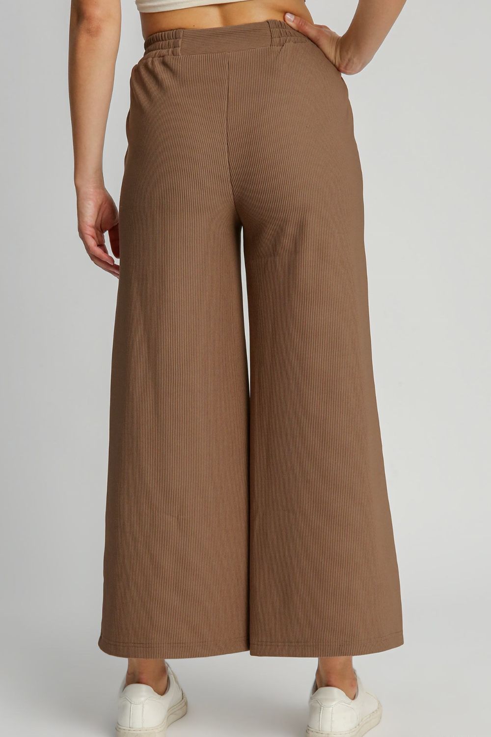 Full Size Ribbed Knit Elastic Waistband Wide Leg Pants Plus Size