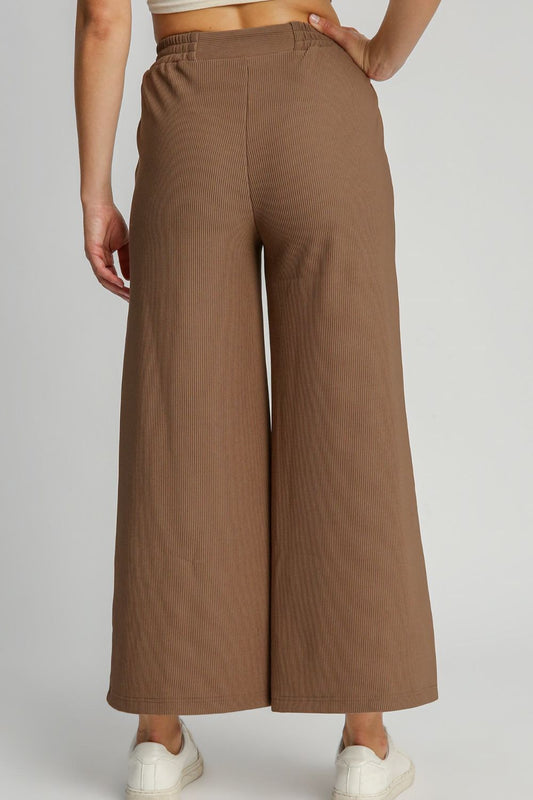 Full Size Ribbed Knit Elastic Waistband Wide Leg Pants Plus Size