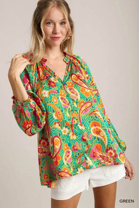 Ruffled Satin Paisley Neckline Button Down Shirt