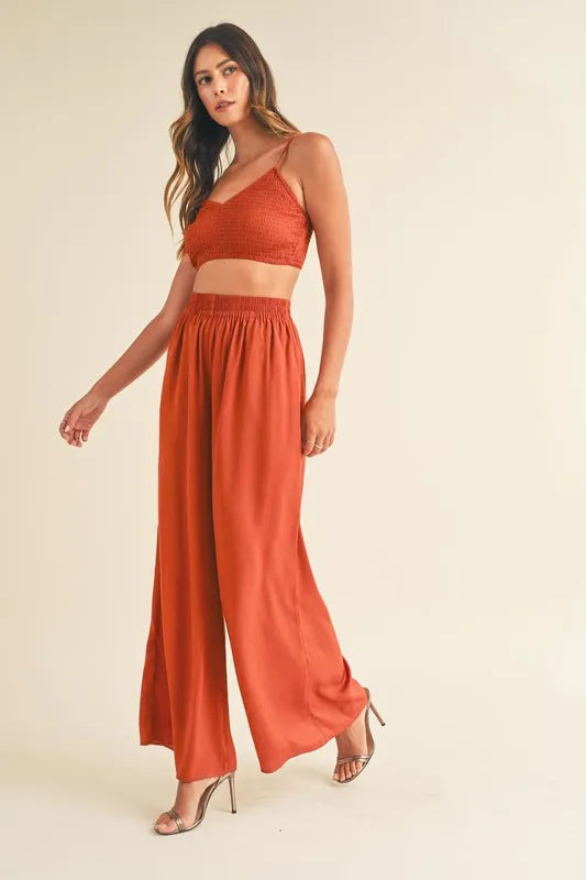 Smocked Bralette Crop Top and Wide Leg Pants Set