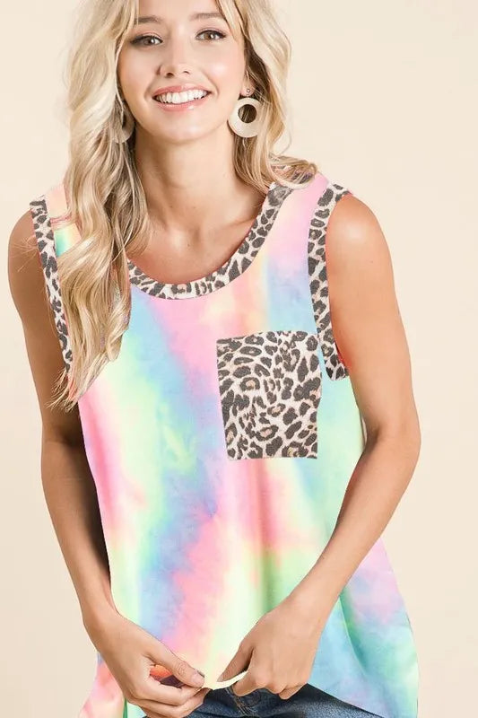 Sleeveless Tie Dye Top With Leopard Band