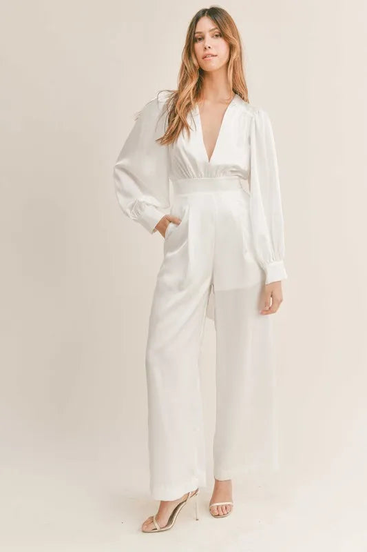 Long Sleeve Deep V Neck Satin Jumpsuit