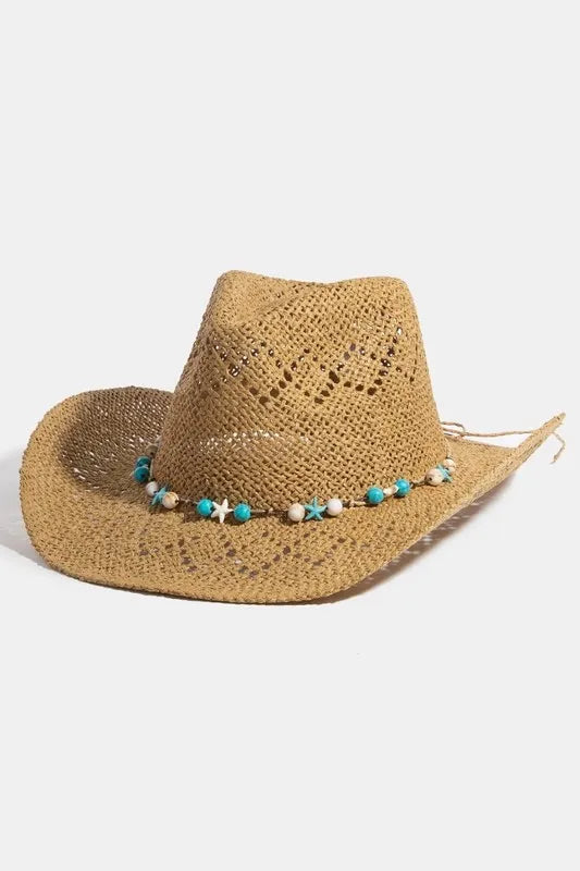 Shell Star Bead-Embellished Boho Western Straw Hat