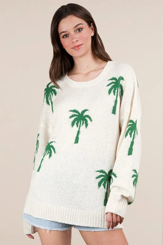 Palm Tree Graphic Oversized Knit Sweater