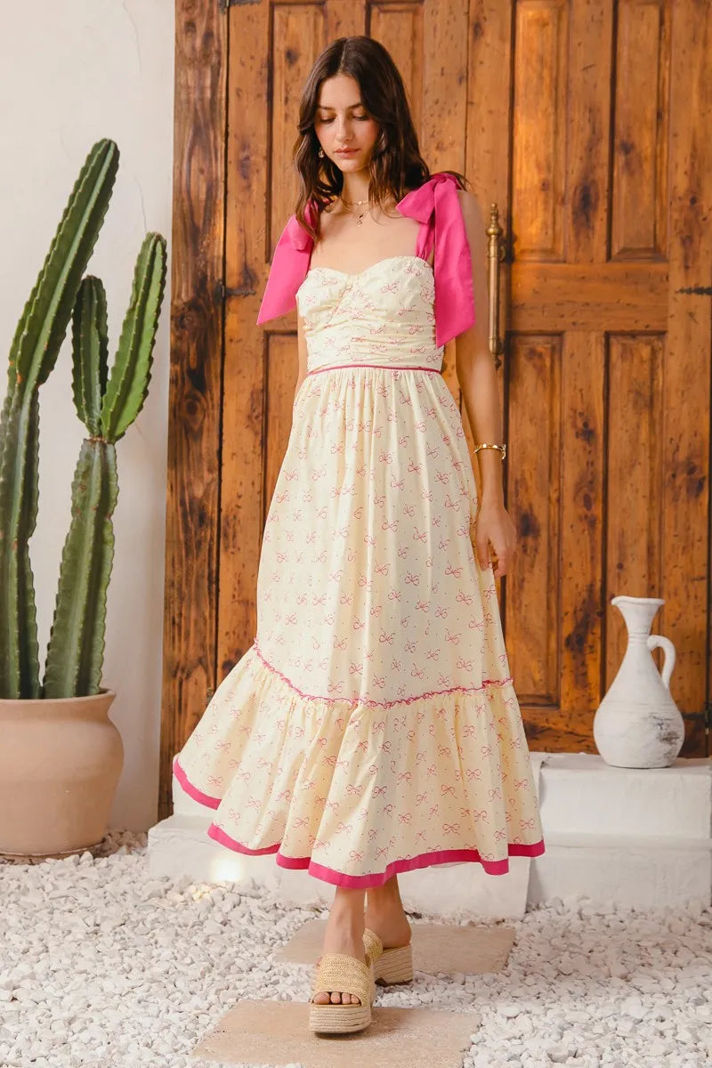 Bohemian Flowy Maxi Dress with Pink Contrast Trim