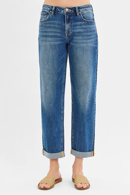High Waist Classic Cuffed Straight Leg Jeans