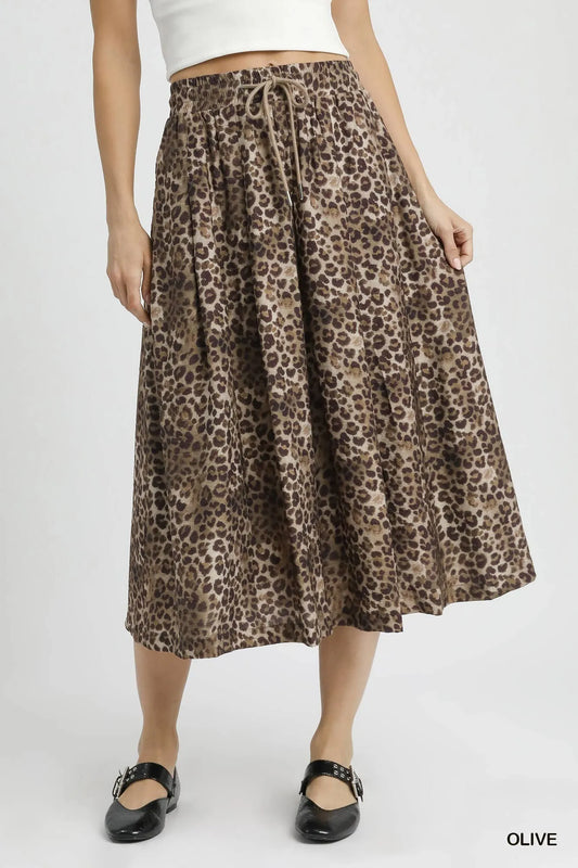 Elastic Waist Leopard Print Midi Skirt