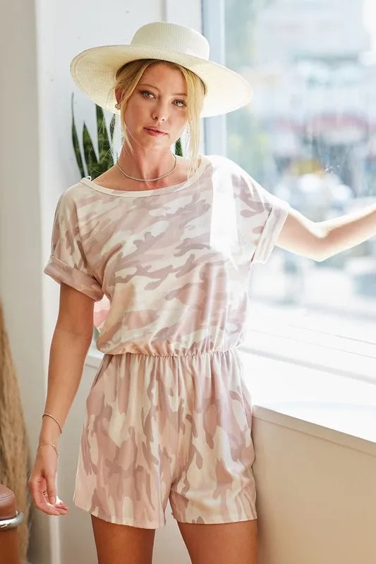 Camo Print French Terry Romper with Side Pockets