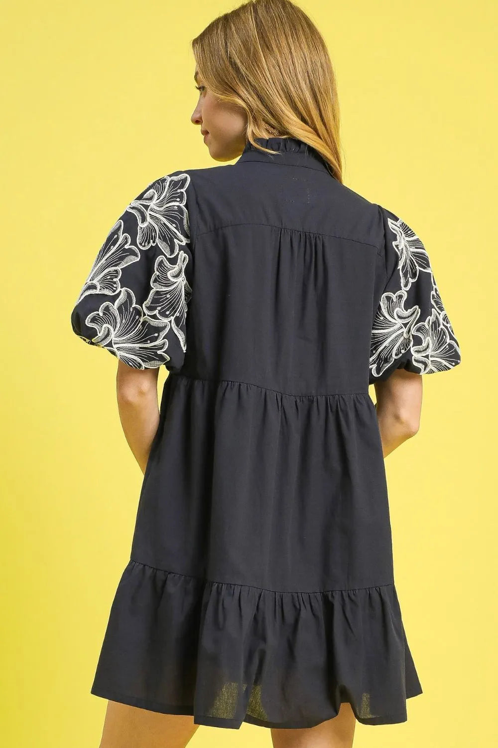 Tropical Leaf Empire Waist Ruffle Hem Dress