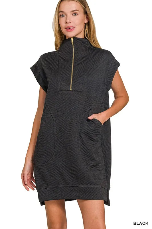 Textured Knit Jacquard Quarter Zipper Mini Dress