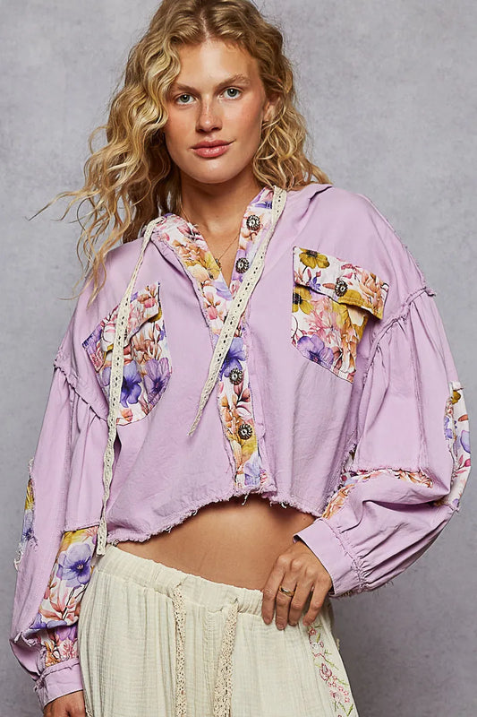 Edgy Floral Pattern Cropped Hooded Jacket