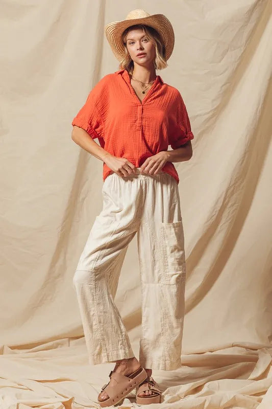 Cotton Linen Textured Woven Slouchy Wide Leg Pants