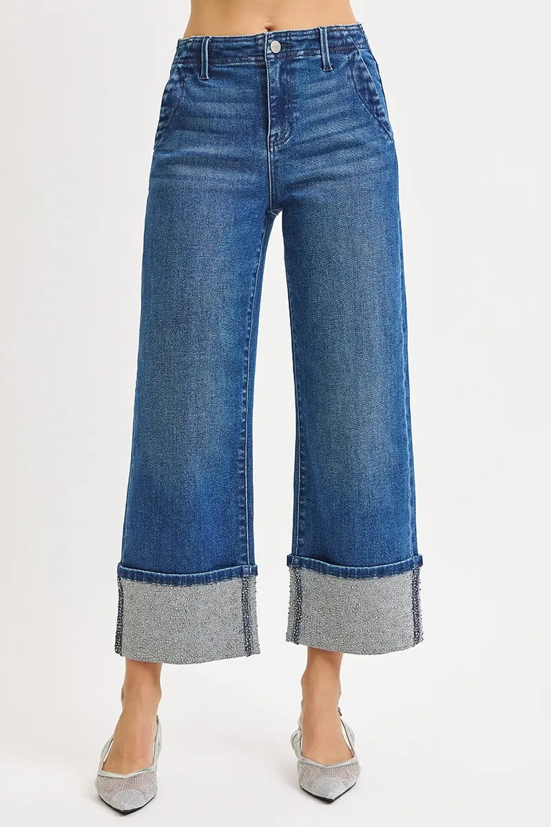 High-Rise Ankle Rhinestone-Trimmed Wide Jeans