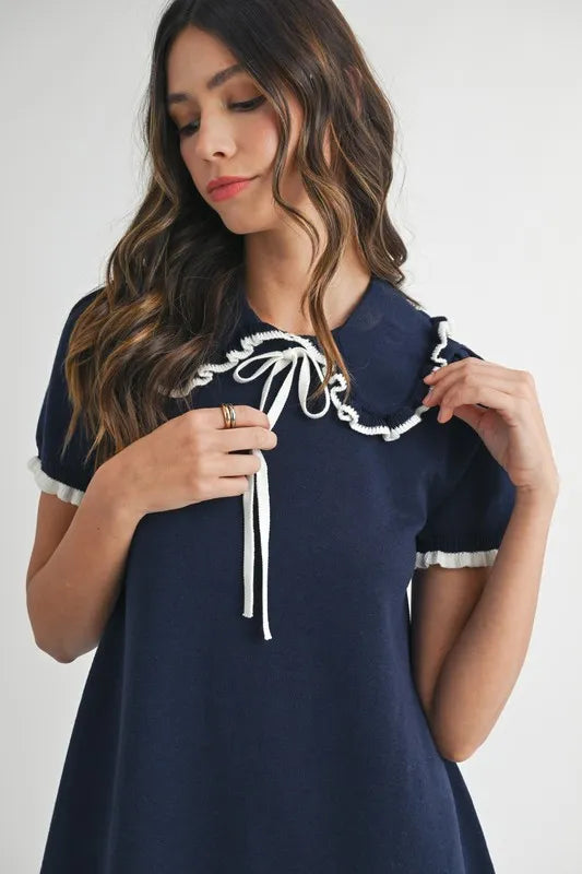 Ruffle Trimmed Collar Fine Knit Mini Dress