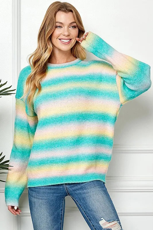 Ombre Drop Shoulder Knit Pullover Sweater