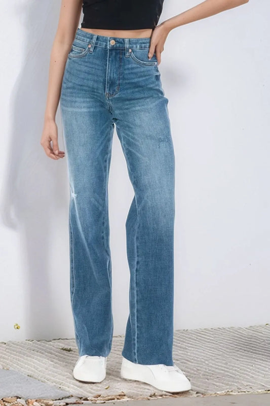 Full Size Tummy Control Cut Raw Hem Straight Jeans